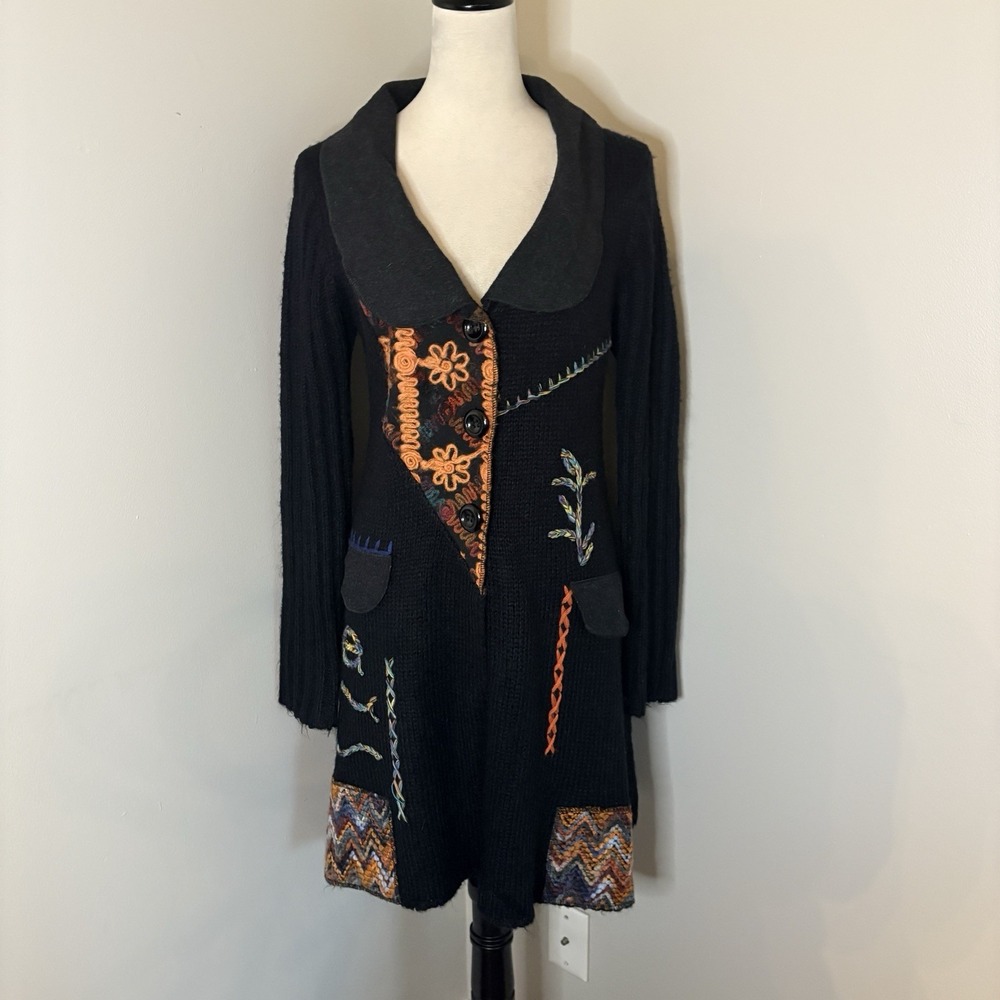 Liquid By Sioni Wearable Art Sweater Coat M Whimsigoth Boho Patchwork Cardigan